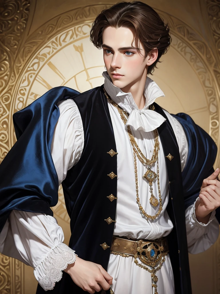 Portrait of young Christopher Marlowe, piercing blue eyes, white skin, clean shaved, sharp jawline, silky golden-brown hair, clothes of Elizabethan era, black velvet doublet, white laced shirt, realism, high quality, Mucha style, Mucha background