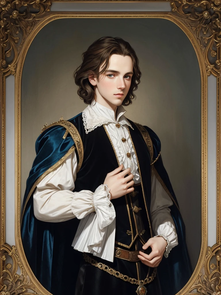Portrait of young Christopher Marlowe, piercing blue eyes, white skin, clean shaved, sharp jawline, silky golden-brown hair, clothes of Elizabethan era, black velvet doublet, white laced shirt, realism, high quality, Mucha style, Mucha background