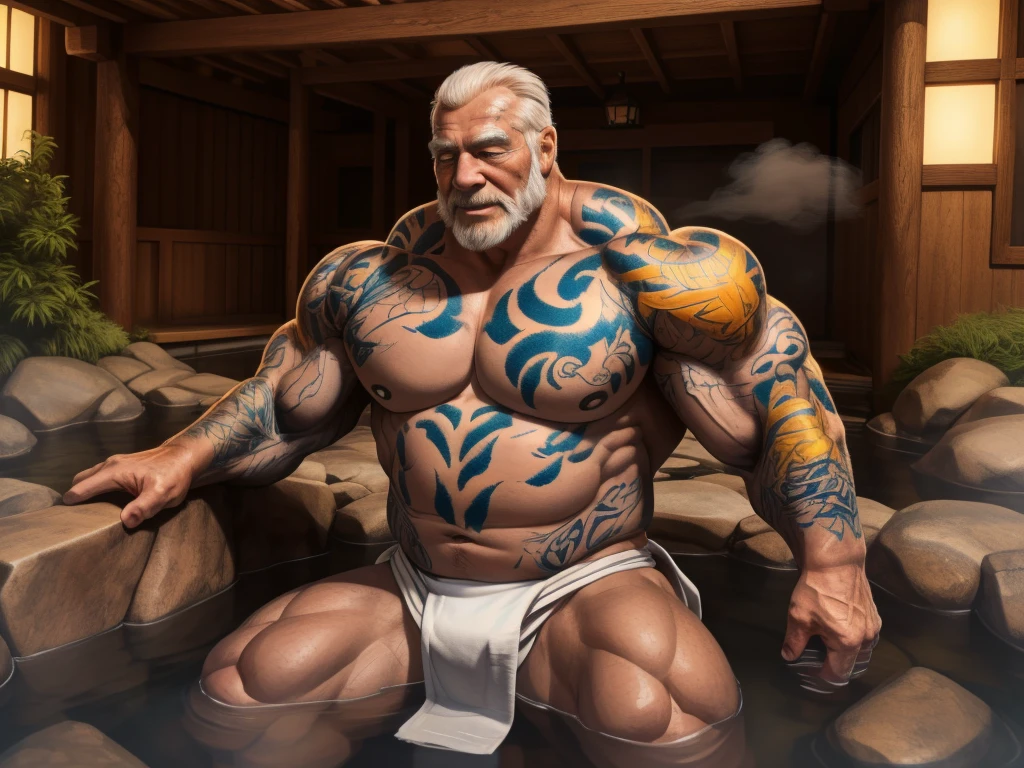 (YakuzaTattoo in body, chest, both arms tattoo:1.25) ,(best quality,4k,8k,highres,masterpiece:1.2),ultra-detailed,(realistic,photorealistic,photo-realistic:1.37),dramatic lighting,chiaroscuro,atmospheric,moody,cinematic. huge muscular old man soaking in an open onsen, white and short hair, white beard, old, old man, grandpa, half submerged, huge scar on chest, , (huge muscular), detailed muscles, 8k, masterpiece:1.2, hyperrealistic, white fundoshi:1.2, highly detailed full body, ((wide pectoral, super huge muscle, huge shoulder, submerged, floating steam)), rich colors, serene atmosphere, hot spring, landscape, soft ambient lighting, wrinkled skin, happy expression, reflective water, peaceful relaxation
