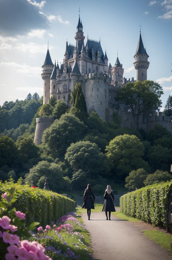castle, city around, grimdark, trees nearby, flowers, big fit ass, natta, strenght, vampires.