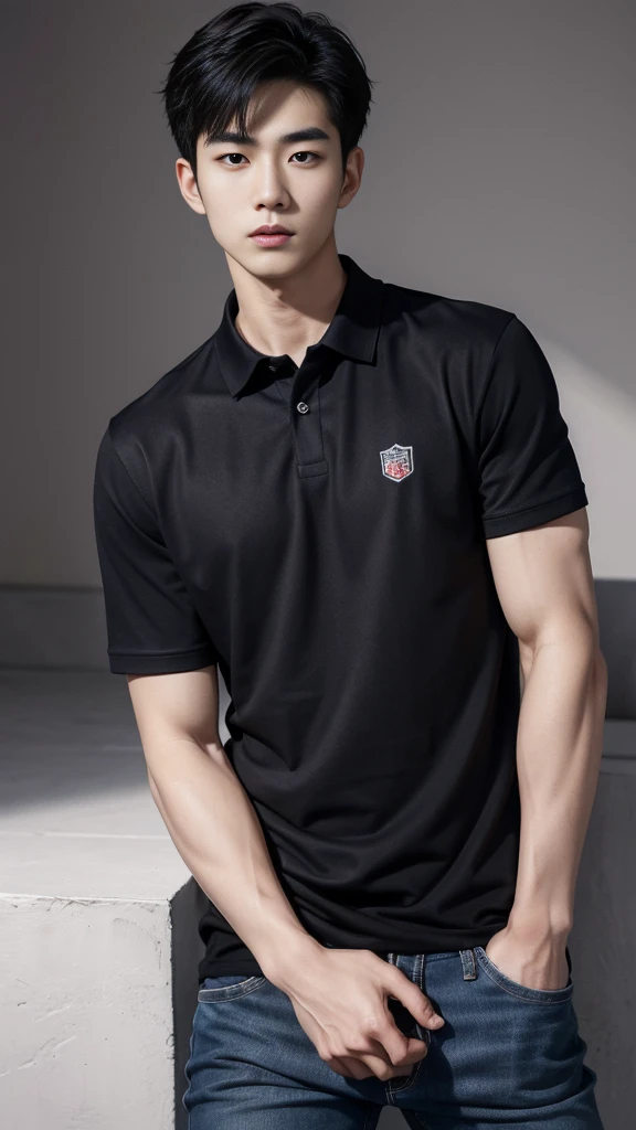 young korean man , 1 boy, white skin , Fine skin, 1 boy, ((realistic)), abdomen, good light quality, muscle veins, ((Pale skin)), football player, (Masterpiece, Special quality, high resolution, 8K, complicated:1.2), (detailed face:1.2), handsome, , Embossed, 1 boy,alone, look at viewer, Balancing the eyes, , (Make eye contact), , black polo shirt, With super tight navy blue jeans., big Embossed ในห้องครัว