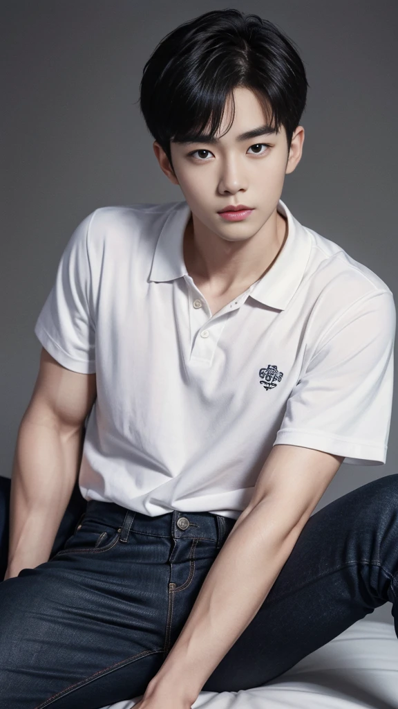 young korean man , 1 boy, white skin , Fine skin, 1 boy, ((realistic)), abdomen, good light quality, muscle veins, ((Pale skin)), football player, (Masterpiece, Special quality, high resolution, 8K, complicated:1.2), (detailed face:1.2), handsome, , Embossed, 1 boy,alone, look at viewer, Balancing the eyes, , (Make eye contact), , black polo shirt, With super tight navy blue jeans., big Embossed ในห้องครัว