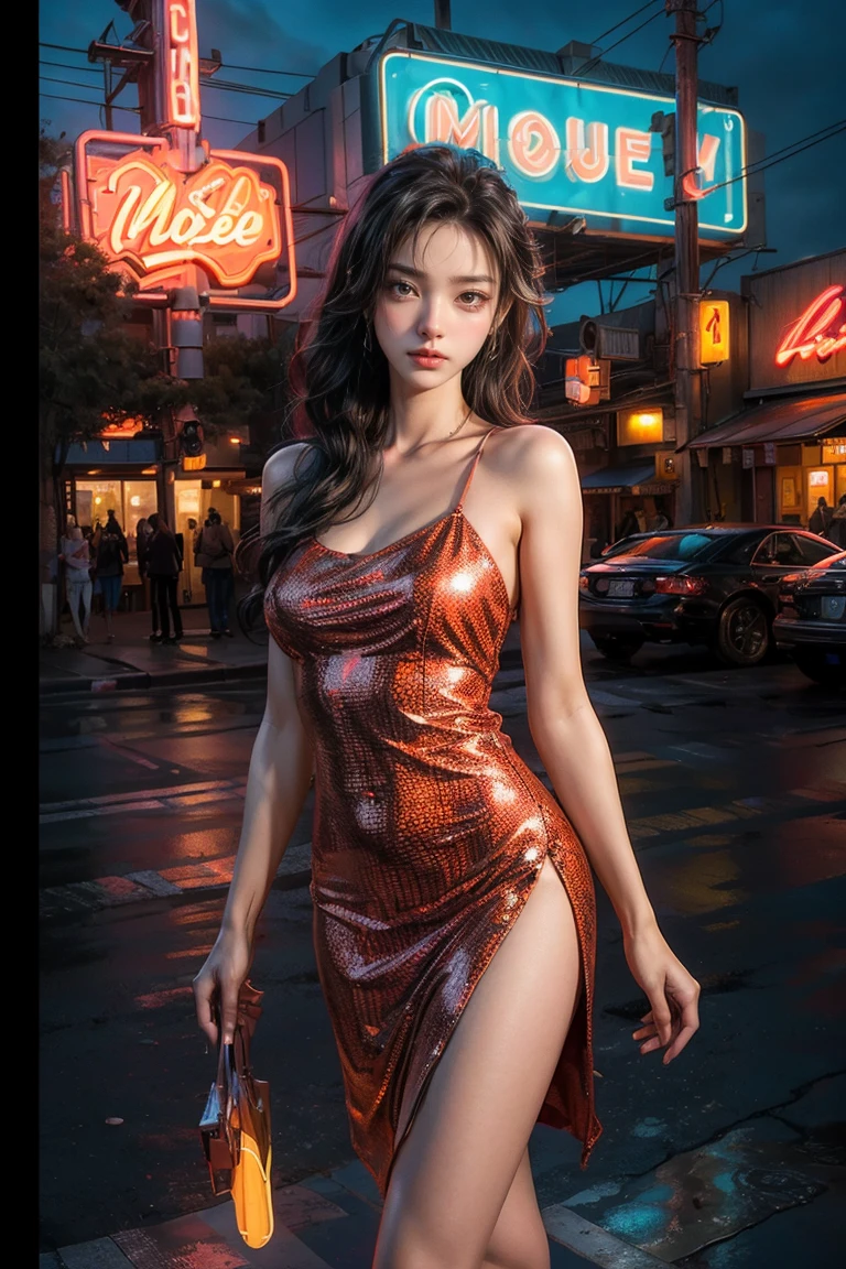 ((masterpiece, best quality, Best image quality, high resolution, realistic, raw photo, 8K)), Araped view of motel with cars parked in front, with neon sign, Woman waiting for guests in front of motel, Temptation, short dress and high heels, route 66, neon sign, 1 9 5 0 Second Americana Tourism, some have neon sign, Neon Lights Outside, neon advertising, gigantic neon sign, neon stores, few neon sign, neon sign in background,