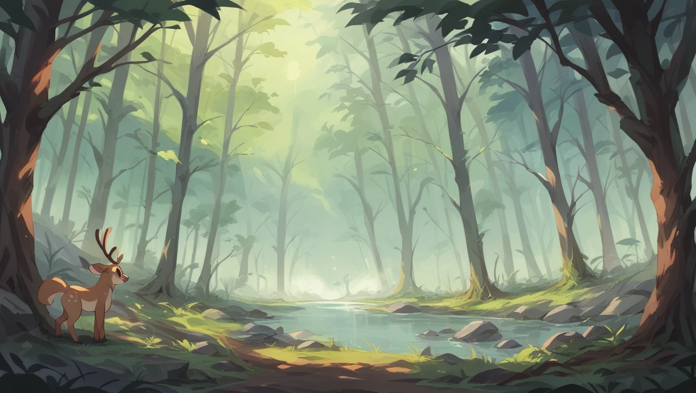 Amazing forest, dear drink water small rever ,fog forest 8k picture wallpaper
