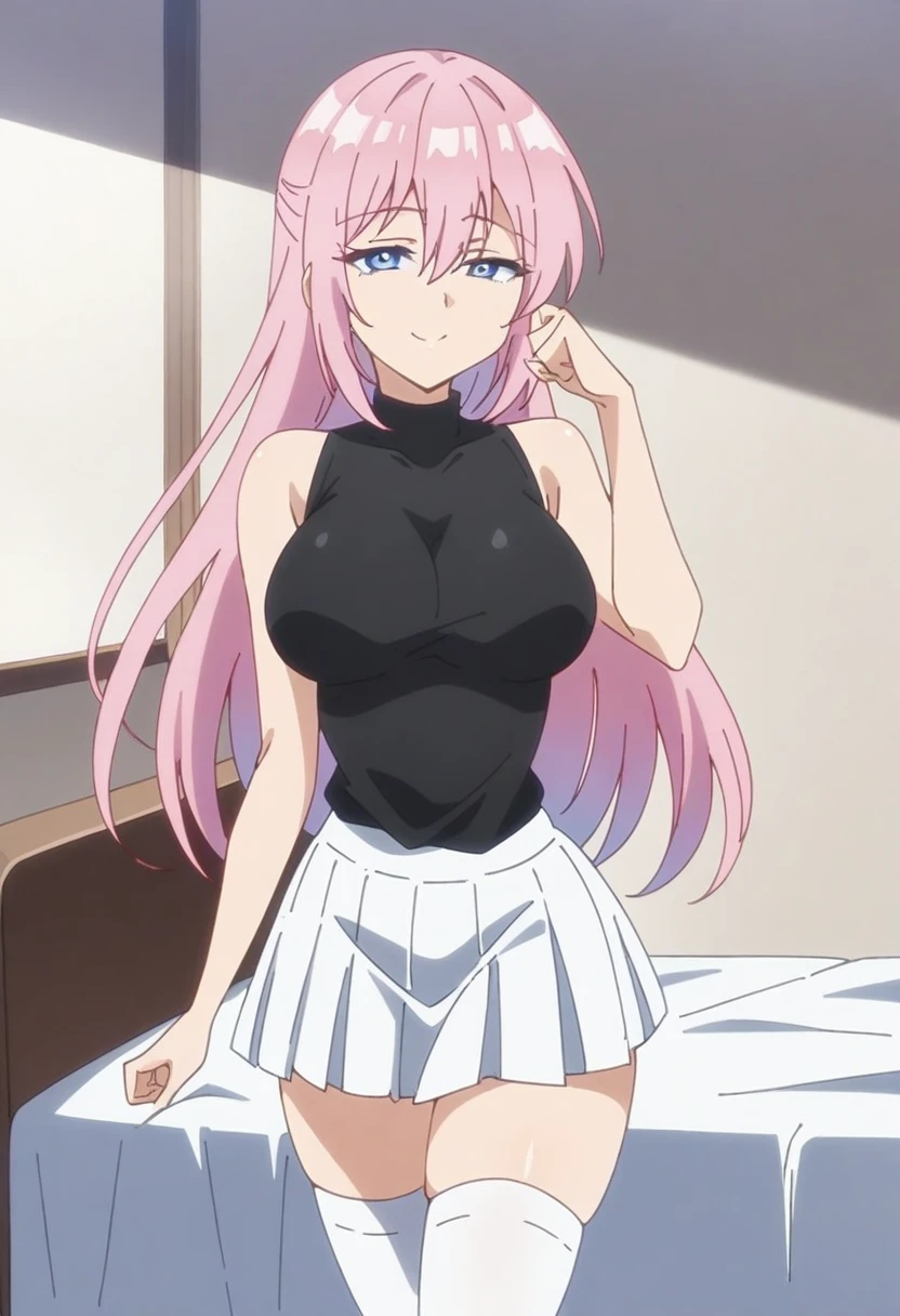 anime art style, 2d, masterpiece, best quality, very aesthetic, absurdres, dynamic shadows, atmosferic, shikimorisan, (1girl), pink hair, long hair, blue eyes, narrowed eyes, detailed eyes, hair between eyes, bangs, medium breasts, makeup, curvy body, sexy, turtleneck shirt, black shirt, white skirt, pleated skirt, white thighhighs, see-throught thighhighs, bare arms, sneakers, smile, ((cowboy shot)), (((thinking))), (from front), (on bed), (indoors), (looking at viewer:1.0)