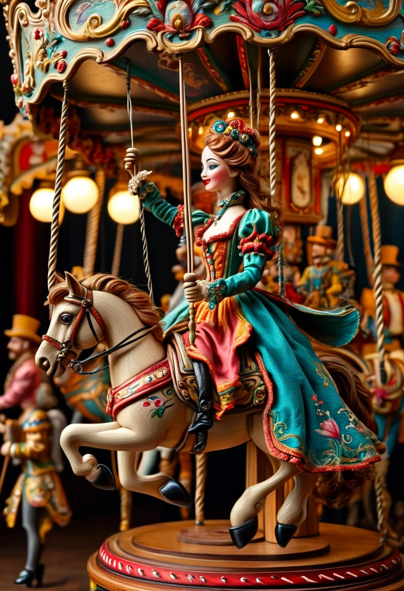 a carousel rotating 360 degrees, wooden marionette puppets, (intricate, detailed), (highly detailed, masterpiece), (photorealistic, hyper realistic:1.4), (cinematic lighting:1.2), (vibrant colors:1.2), fantasy, whimsical, magical