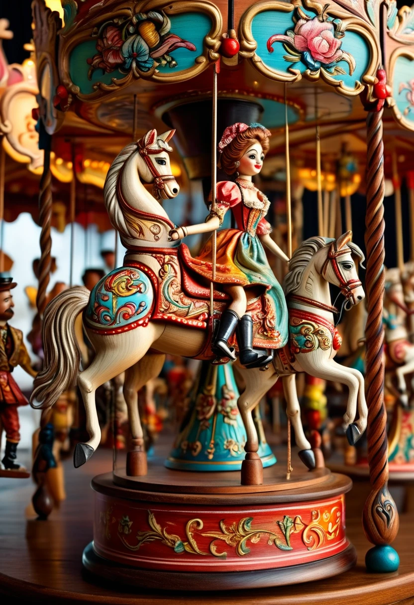 a carousel rotating 360 degrees, wooden marionette puppets, (intricate, detailed), (highly detailed, masterpiece), (photorealistic, hyper realistic:1.4), (cinematic lighting:1.2), (vibrant colors:1.2), fantasy, whimsical, magical