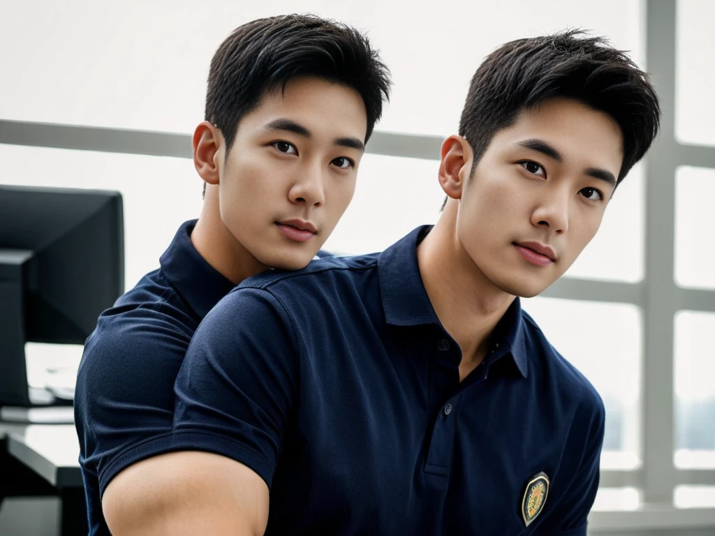 A male police officer in his 20s poses for a group photo., Wear a navy blue polo shirt., high resolution, Masterpiece, best quality, head:1.3,, Smooth and fine skin, clear focus, (movie light), during the night, gentle light, Dynamic angle, (detailed face:1.2), (((exercise))), sport, His arm muscles were very big., hand in crotch, in his office