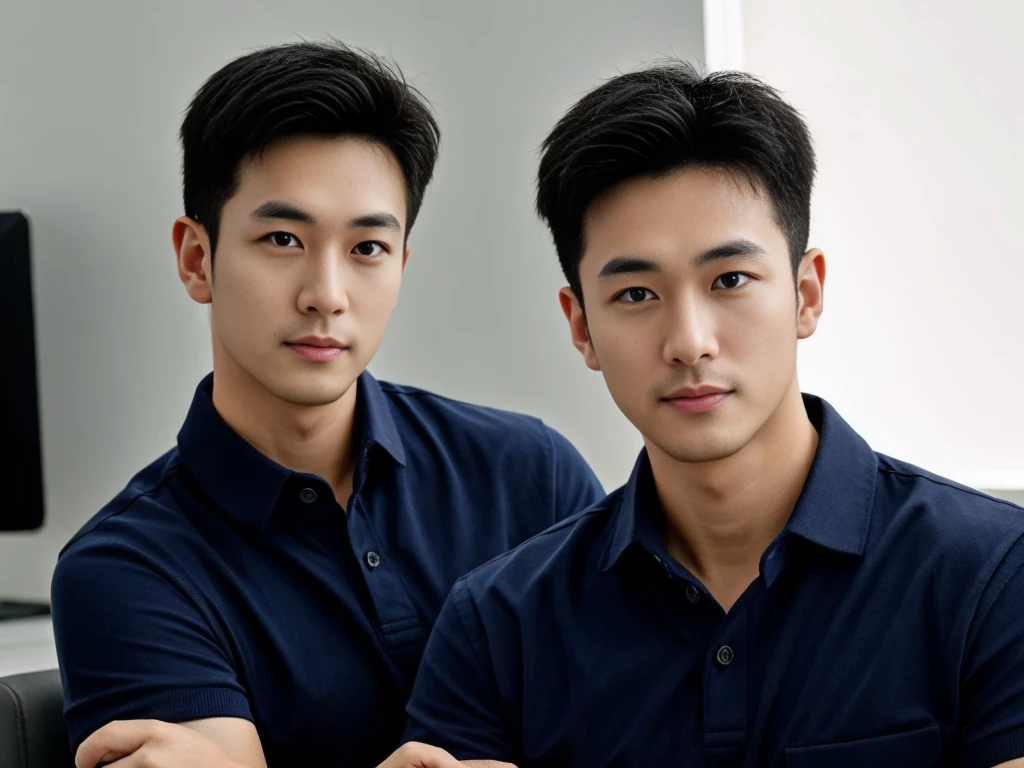 A male police officer in his 20s poses for a group photo., Wear a navy blue polo shirt., high resolution, Masterpiece, best quality, head:1.3,, Smooth and fine skin, clear focus, (movie light), during the night, gentle light, Dynamic angle, (detailed face:1.2), (((exercise))), sport, His arm muscles were very big., hand in crotch, in his office