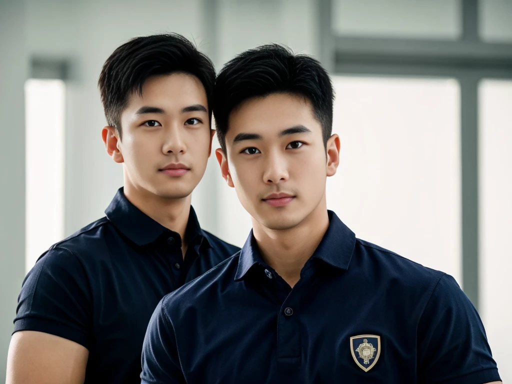 A male police officer in his 20s poses for a group photo., Wear a navy blue polo shirt., high resolution, Masterpiece, best quality, head:1.3,, Smooth and fine skin, clear focus, (movie light), during the night, gentle light, Dynamic angle, (detailed face:1.2), (((exercise))), sport, His arm muscles were very big., hand in crotch, in his office