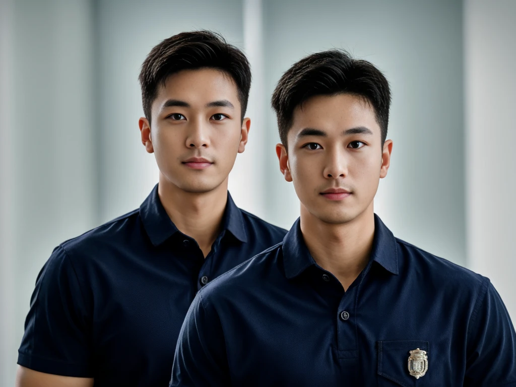 A male police officer in his 20s poses for a group photo., Wear a navy blue polo shirt., high resolution, Masterpiece, best quality, head:1.3,, Smooth and fine skin, clear focus, (movie light), during the night, gentle light, Dynamic angle, (detailed face:1.2), (((exercise))), sport, His arm muscles were very big., hand in crotch, in his office