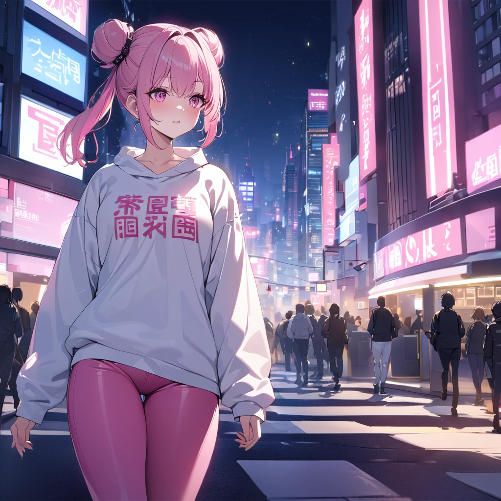 A woman wearing a white sweatshirt with pink kanji writing on the sweatshirt, tight pink pants, mature body, pink sports shoes, hot pink hair, gray fringes, multicolored hair, pigtail hair buns, pink eyes, walking on a sidewalk in a big city, background building, location at night, blue and yellow lighting in the city,,UHD , prime work , accurate , anatomically correct , textured skin , super details , high quality , best quality, 8k, high resolution, bokeh effect. (woman alone)