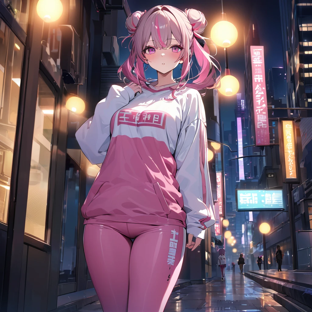 A woman wearing a white sweatshirt with pink kanji writing on the sweatshirt, tight pink pants, mature body, pink sports shoes, hot pink hair, gray fringes, multicolored hair, pigtail hair buns, pink eyes, walking on a sidewalk in a big city, background building, location at night, blue and yellow lighting in the city,,UHD , prime work , accurate , anatomically correct , textured skin , super details , high quality , best quality, 8k, high resolution, bokeh effect. (woman alone)