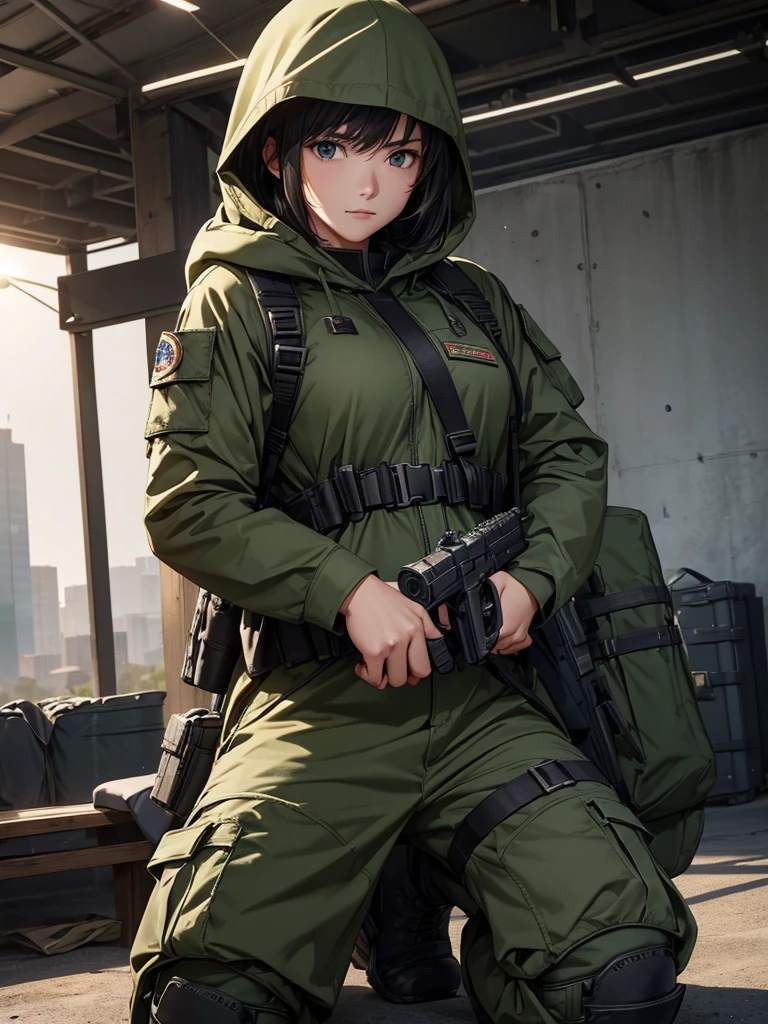 Two female soldiers fighting hand to hand、Wearing dark green M-51 hooded military uniform、Hooded on head、Military Pants、Magazine Pouch、Tactical harness、Knee pads、best quality、Highly detailed CG、8K picture quality、Theatre lighting、lens flare