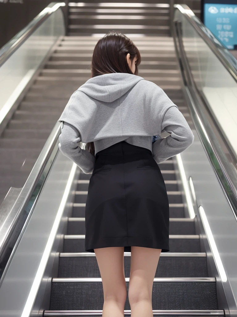 Up Escalator Skirt、short coat、bottom body close up、View from behind、Very low camera angle、Slouched、bent forward、Panchira