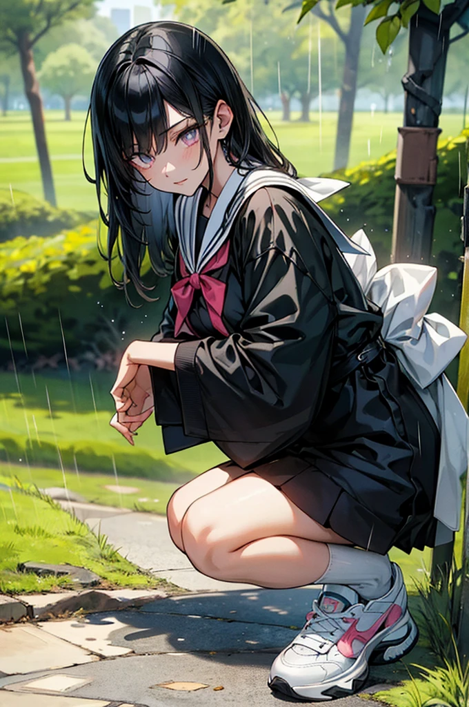 An anime girl, masterpiece, best quality, ultra detailed, 4K, 8K, like a scene from a movie, A mech girl with parts of her body and right eye made of machinery, holding a kitten carefully in the rain. She has glossy, beautiful black hair and a glowing red right eye, wearing a sailor uniform with a lavender ribbon, black knee-high socks, and floral sneakers. In a park, beside a cardboard box in a grassy corner where the kitten, a mixed breed, was abandoned. It's drizzling rain, and the time is evening. The scene is in the style of Japanese anime art, watercolor, and steampunk. Do not include text in the image and avoid any deformed human anatomy.