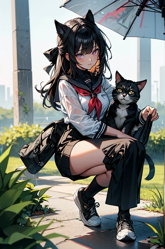 An anime girl, masterpiece, best quality, ultra detailed, 4K, 8K, like a scene from a movie, A mech girl with parts of her body and right eye made of machinery, holding a kitten carefully in the rain. She has glossy, beautiful black hair and a glowing red right eye, wearing a sailor uniform with a lavender ribbon, black knee-high socks, and floral sneakers. In a park, beside a cardboard box in a grassy corner where the kitten, a mixed breed, was abandoned. It's drizzling rain, and the time is evening. The scene is in the style of Japanese anime art, watercolor, and steampunk. Do not include text in the image and avoid any deformed human anatomy.
