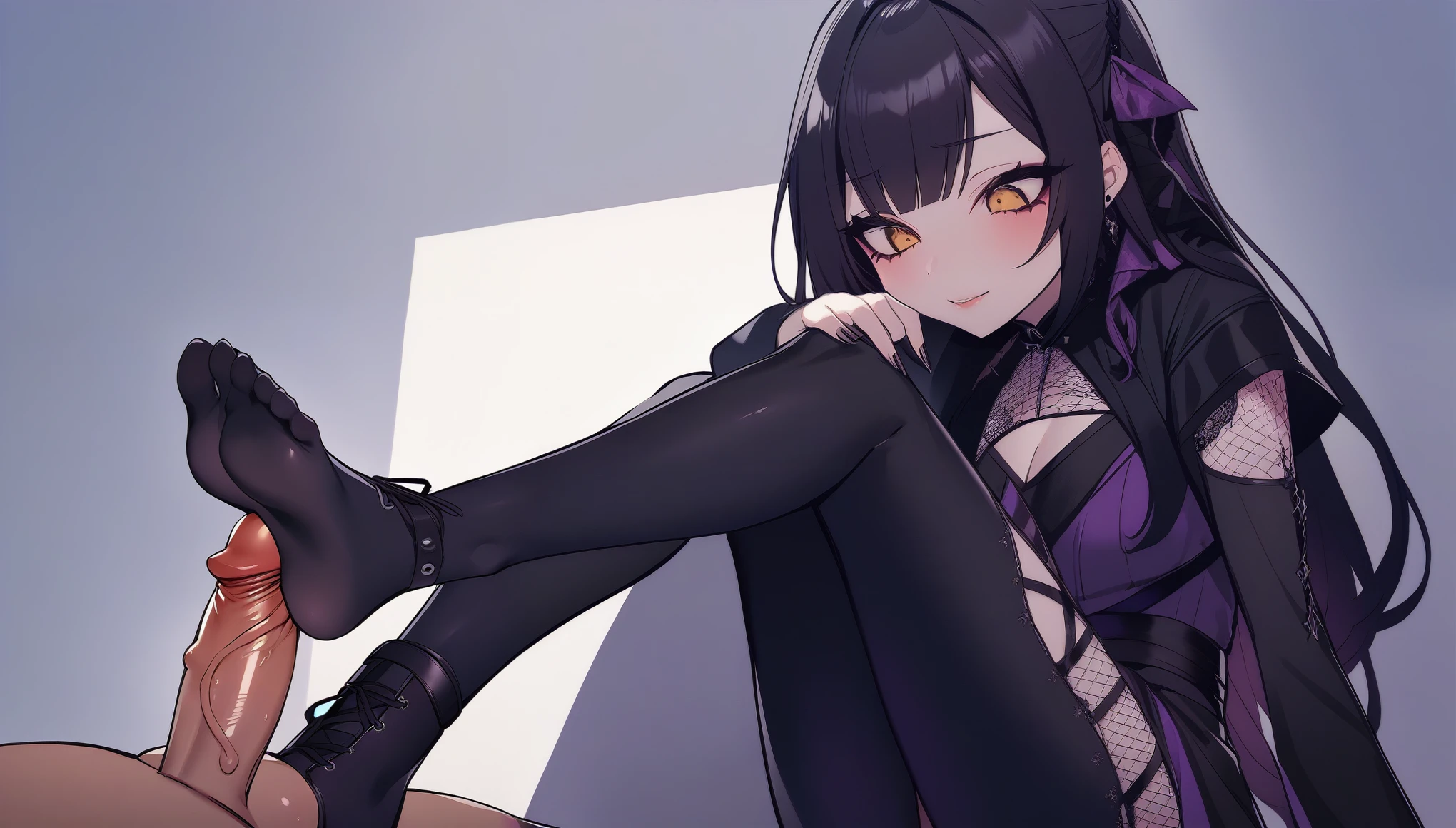 Goth girl sitting on a guys face,. rubbing their penis with her foot