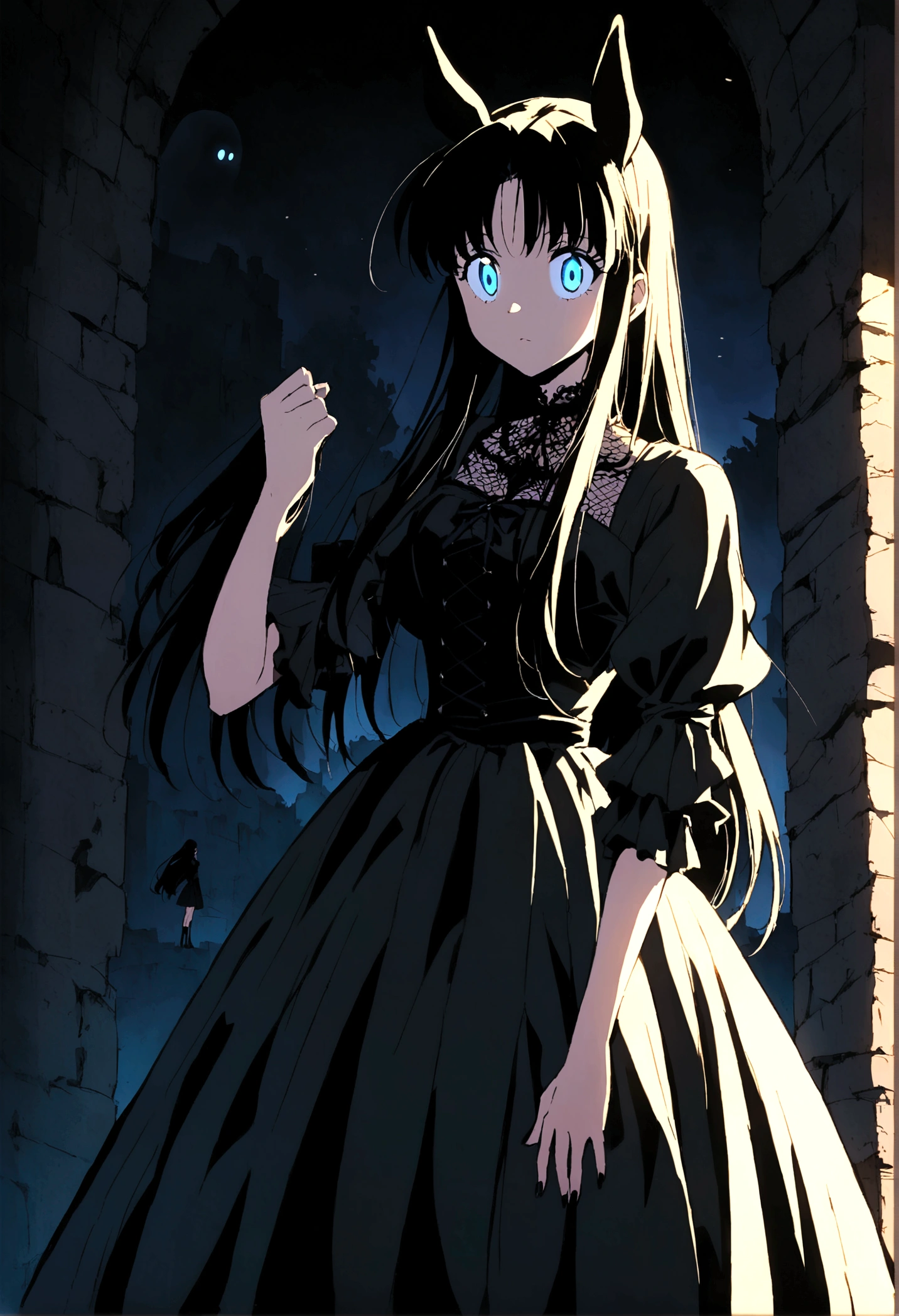 Anime girl with long black hair and blue eyes, Anime Moe Art Style, Gothic maiden anime girl, Gap Moe Yandere Grim Dark, Anime girl in a black dress, Ghostly eyes and dark hair, 1 7 - Year Old Anime Goth Girl, ufotable&#39;s art style, by Hitoshi Homura, Fate-like anime style/Stay Night, Long Hair Anime Girl　In the ruins　Decadent　dark　Gothic Horror　Horse Girl　Horse ears