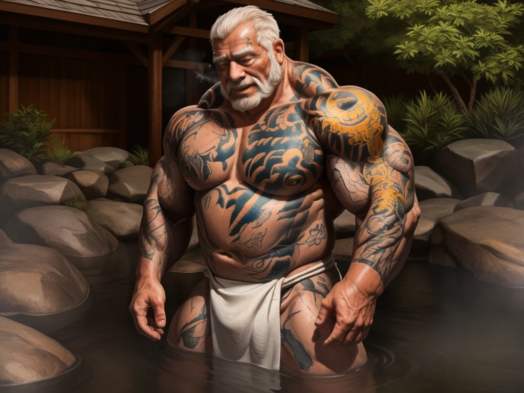 (YakuzaTattoo in body, chest, both arms tattoo:1.25) ,(best quality,4k,8k,highres,masterpiece:1.2),ultra-detailed,(realistic,photorealistic,photo-realistic:1.37),dramatic lighting,chiaroscuro,atmospheric,moody,cinematic. huge muscular old man soaking in an open onsen, white and short hair, white beard, old, old man, grandpa, half submerged, huge scar on chest, , (huge muscular), detailed muscles, 8k, masterpiece:1.2, hyperrealistic, white fundoshi:1.2, highly detailed full body, ((wide pectoral, super huge muscle, huge shoulder, submerged, floating steam)), rich colors, serene atmosphere, hot spring, landscape, soft ambient lighting, wrinkled skin, happy expression, reflective water, peaceful relaxation