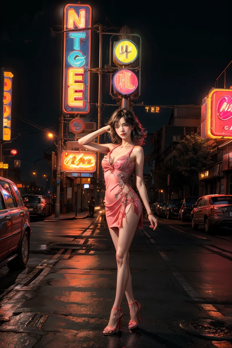 ((masterpiece, best quality, Best image quality, high resolution, realistic, raw photo, 8K)), Araped view of motel with cars parked in front, with neon sign, Woman waiting for guests in front of motel, Temptation, short dress and high heels, route 66, neon sign, 1 9 5 0 Second Americana Tourism, some have neon sign, Neon Lights Outside, neon advertising, gigantic neon sign, neon stores, few neon sign, neon sign in background,