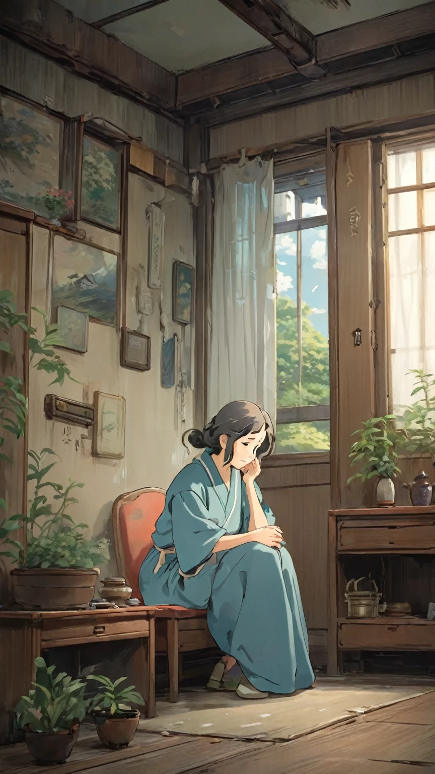 Ghibli style、A woman crouching in tears in her room