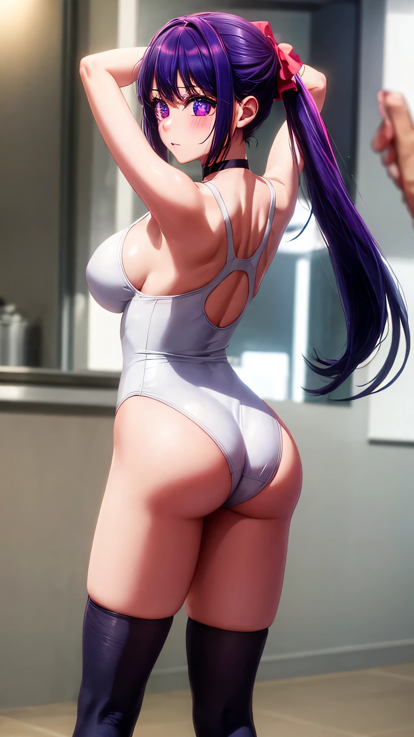 1girl, ass, breasts, swimsuit, large breasts, long hair, blurry, one-piece swimsuit, solo, ponytail, purple eyes, tying hair, bangs, looking at viewer, blush, ass, big ass, thighs, thighhighs, high school background, from behind, looking back, purple hair, highleg, arms up, tile wall, tiles, depth of field, highleg swimsuit, indoors, sidelocks, white and blue swimsuit, black choker