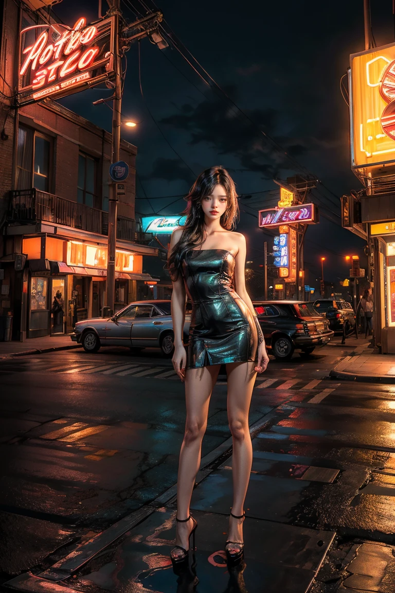 ((masterpiece, best quality, Best image quality, high resolution, realistic, raw photo, 8K)), Araped view of motel with cars parked in front, with neon sign, Woman waiting for guests in front of motel, Temptation, short dress and high heels, route 66, neon sign, 1 9 5 0 Second Americana Tourism, some have neon sign, Neon Lights Outside, neon advertising, gigantic neon sign, neon stores, few neon sign, neon sign in background,