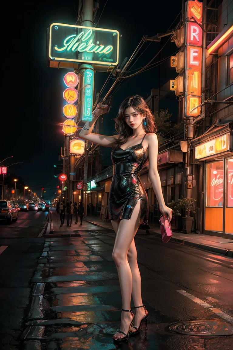 ((masterpiece, best quality, Best image quality, high resolution, realistic, raw photo, 8K)), Araped view of motel with cars parked in front, with neon sign, Woman waiting for guests in front of motel, Temptation, short dress and high heels, route 66, neon sign, 1 9 5 0 Second Americana Tourism, some have neon sign, Neon Lights Outside, neon advertising, gigantic neon sign, neon stores, few neon sign, neon sign in background,