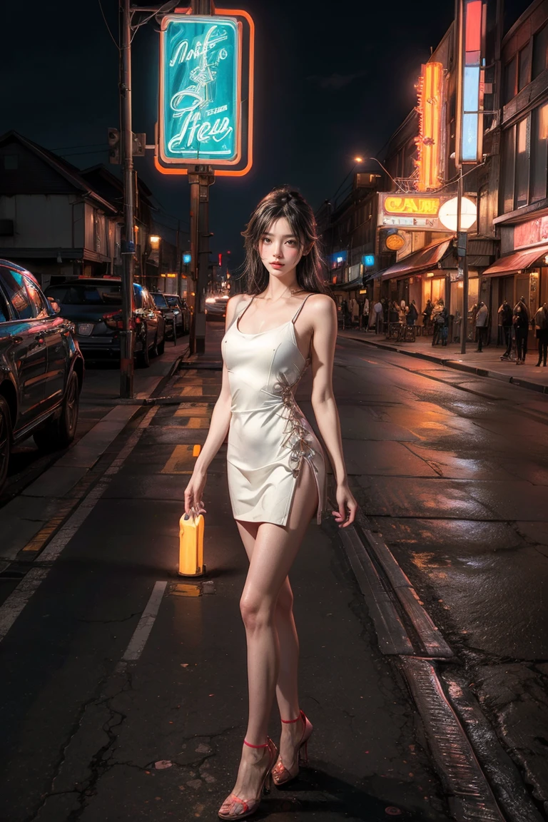 High resolution, Raw photo, Photorealistic, Extremely delicate and beautiful, Extremely detailed, finely detail, Highly detailed CG Unity 8k wallpaper, Ultra-detailed, (Best Quality, 8K, 32K, masutepiece, nffsw:1.2), Photo of a cute Japanese model walking in a downtown area at night, beautiful and detailed face, Beautiful and clear eyes, Delicate figure, Medium Hair, Slender body, Camisole Mini Dress, earrings, Silver necklace, (Upper body:1.3),