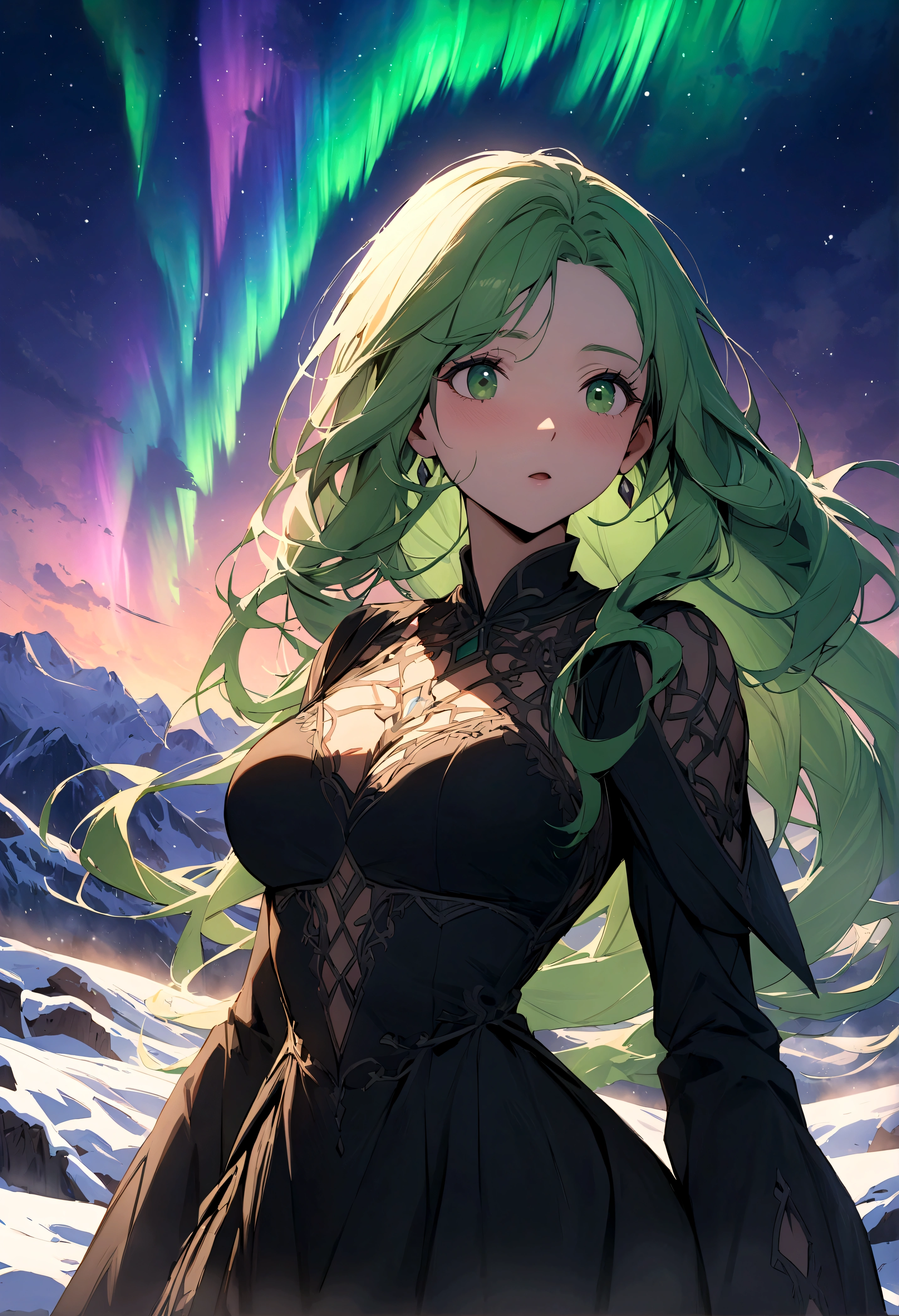 (masterpiece:1.4), (Best quality:1.4), (high resolution:1.4), long hair, black tunic, Anna in Arendelle, surprise, looking at the audience, outdoor, detailed facial features, intricate dress design, lush green scenery, snow-capped mountains, magical aurora, dramatic lighting, cinematic composition