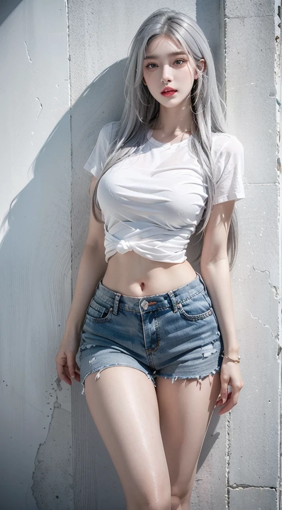 photorealistic, high resolution, 1women, shining skin, solo, jewelry, pink lips, long white hair, blue eyes, closed mouth, hips up, Grey Short Sleeves, Open Abdomen, Black Super Short, street wear