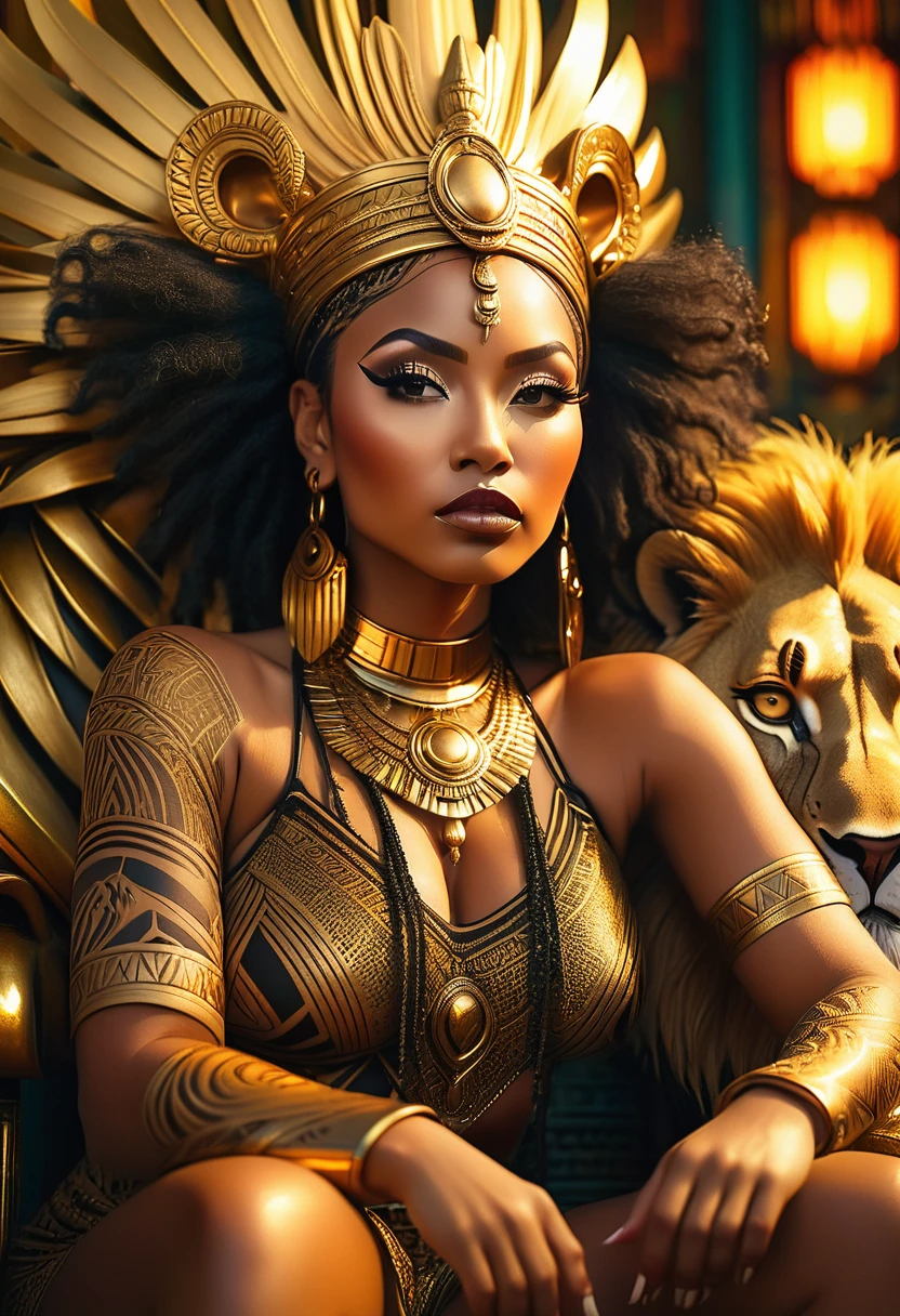 a beautiful busty African Asian tribal woman,detailed face and eyes,long eyelashes,intricate tribal tattoos,sitting on a golden art deco lion throne,extremely detailed,photorealistic,8k,cinematic lighting,dramatic shadows,vibrant colors,warm lighting