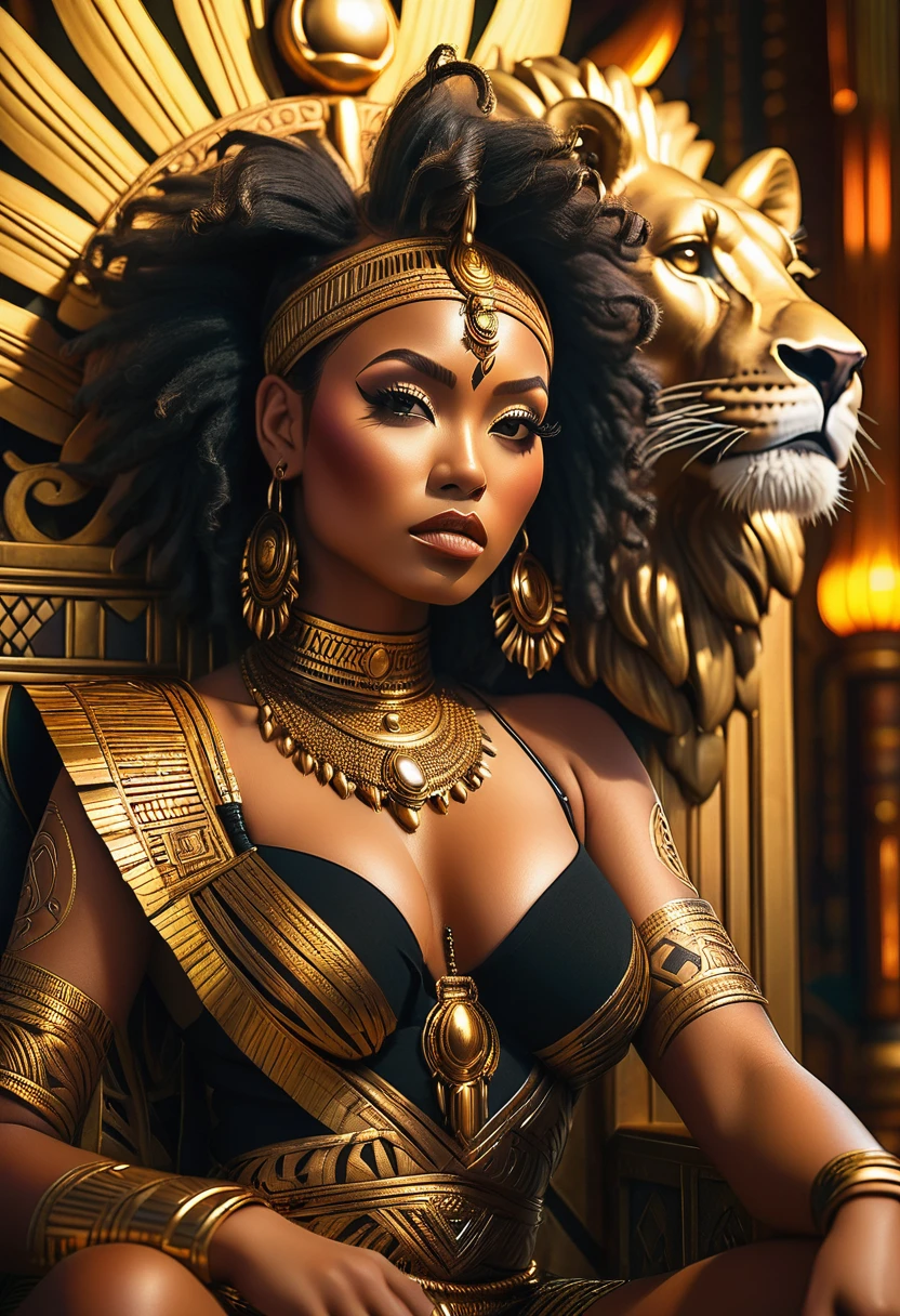 a beautiful busty African Asian tribal woman,detailed face and eyes,long eyelashes,intricate tribal tattoos,sitting on a golden art deco lion throne,extremely detailed,photorealistic,8k,cinematic lighting,dramatic shadows,vibrant colors,warm lighting