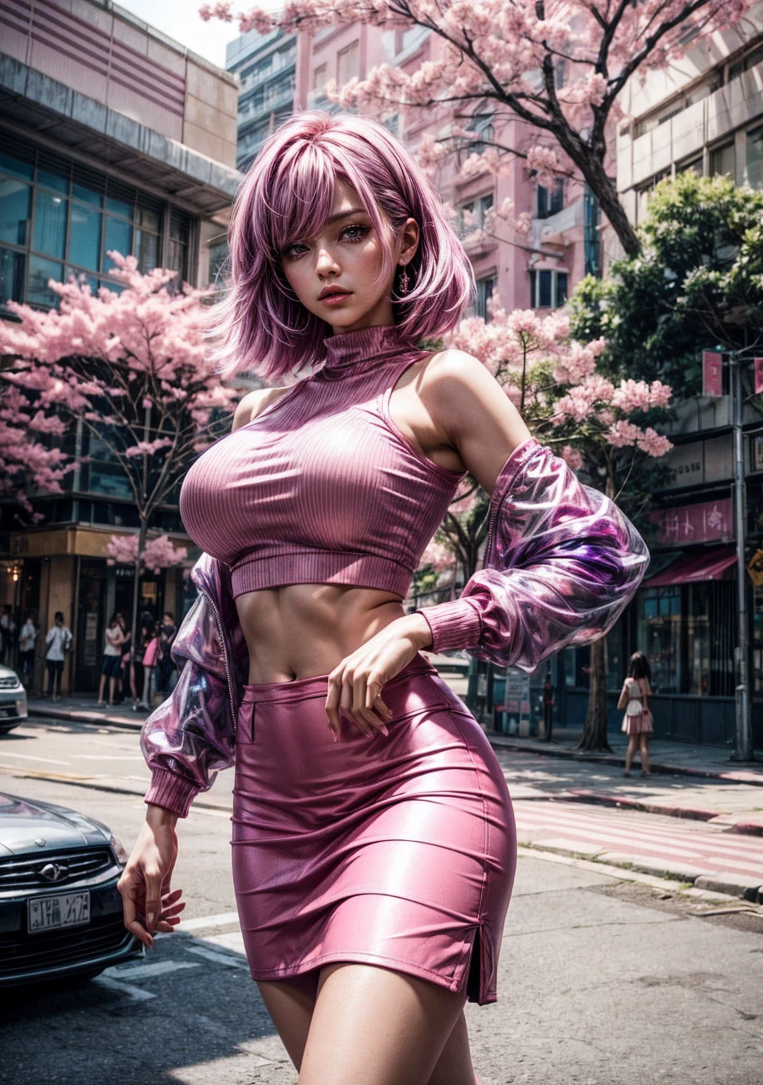  autophoto, Light pink with purple hair., pink eyes, CropTop, vivid colors, tight short skirt, Sakura tree background, ray tracing, big breasts, off the shoulder, ultra realistic.