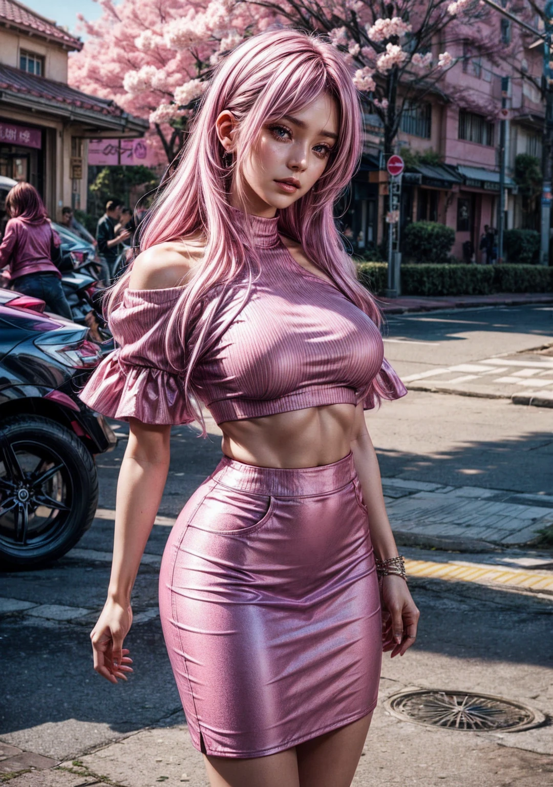 autophoto, Light pink with purple hair., pink eyes, CropTop, vivid colors, tight short skirt, Sakura tree background, ray tracing, big breasts, off the shoulder, ultra realistic.