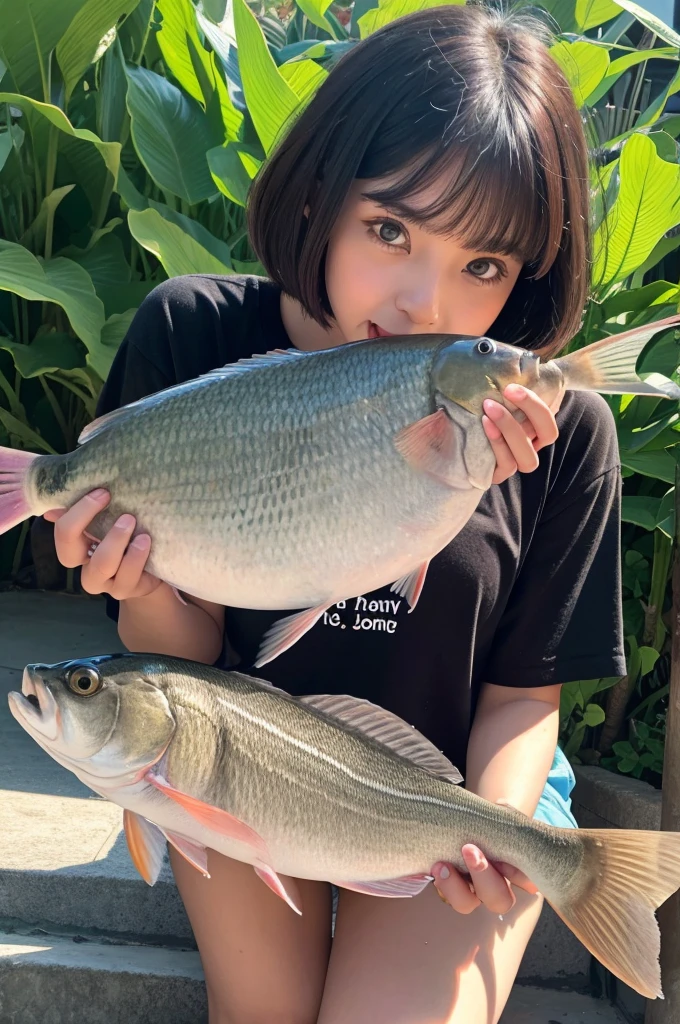 Dora cat holding a fish in its mouth