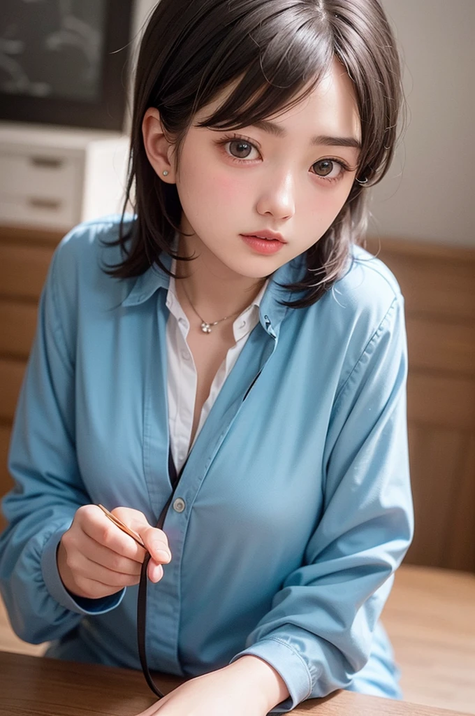 (1 nogizaka girl,15years old face,raw photo,photo realistic:1.5),(best quality, high quality,HDR, highest quality,ultra high resolution,high resolution,high res,ultra high difinition,huge file size,8K,2K wallpaper,8K wallpaper,high quality texture,amazing,an extremely delicate:1.4),one girl, Japanese famous idol,cute face,small face,absurd,ridiculous,incredibly ridiculous,blurry background,(school uniform,short hair,cleavage,no makeup:1.2),medium skin,beautiful skin,detailed skin,black hair,silky hair,black eyes,Japanese nose,5-fingers,(Light Particles, Lens Flare, Luminous Particles: 0.7),looking at viewer,bright lighting,professional lighting,girl