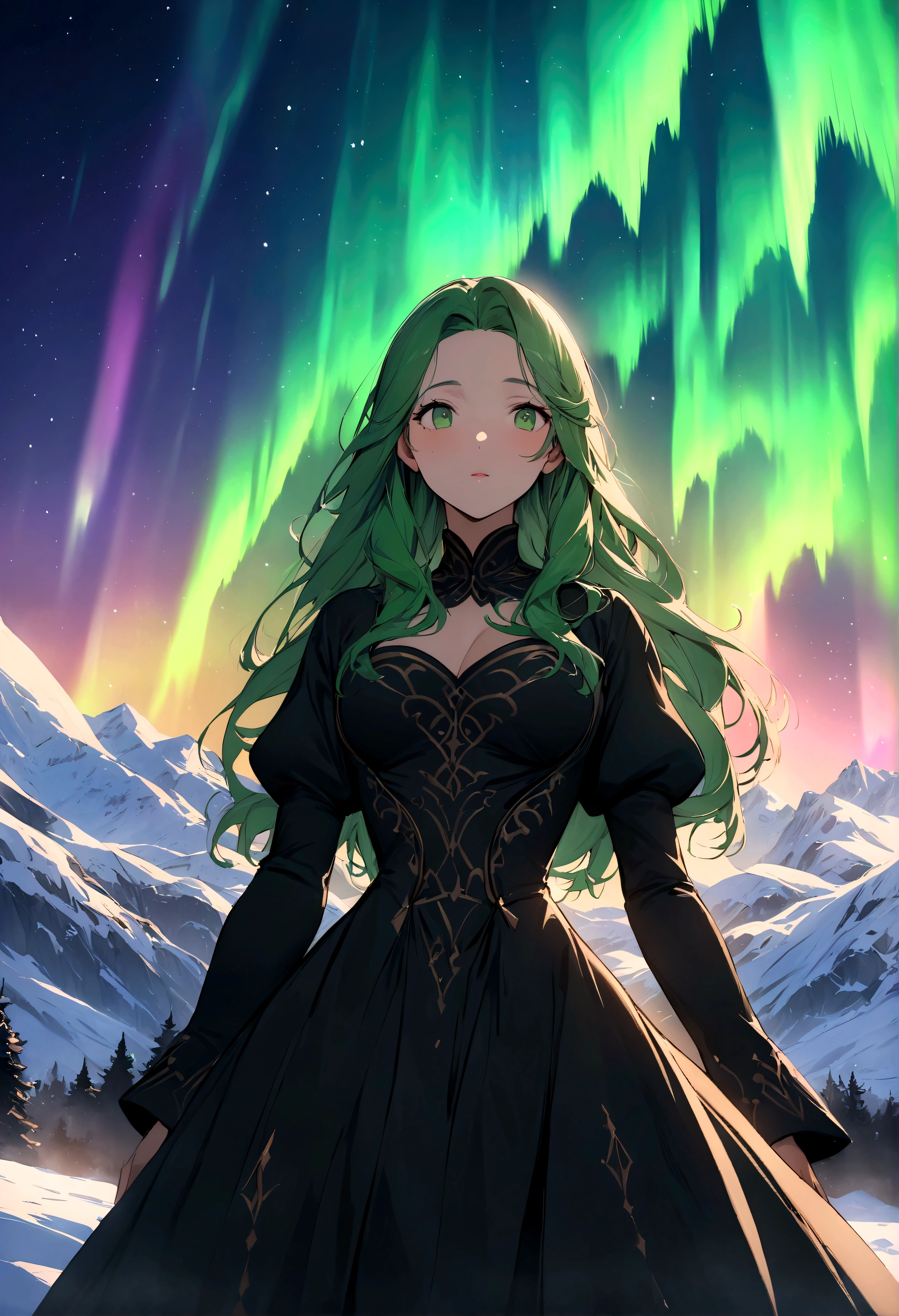 (masterpiece:1.4), (Best quality:1.4), (high resolution:1.4), long hair, black tunic, Anna in Arendelle, surprise, looking at the audience, outdoor, detailed facial features, intricate dress design, lush green scenery, snow-capped mountains, magical aurora, dramatic lighting, cinematic composition