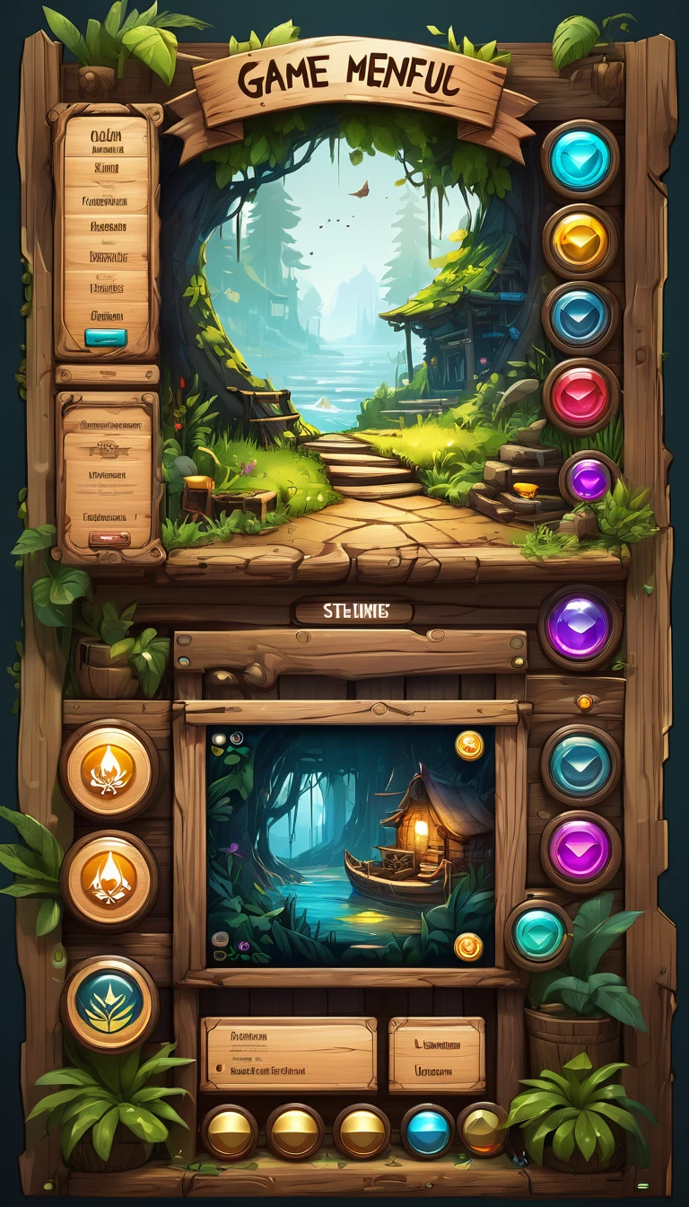 a digital illustration of a game Main Menu that level selection is in the Middle and UI buttons are on the Top and Bottom of UI,UI design,(wooden UI elements: 2),wooden Game MainMenu,game main menu,pinterest,stylized,GUI design,64k,artstation hq,user interface design,game GUI,game menu,ultra detailed,game art,2d game art,Darek Zabrocki,by Carne Griffiths and Wadim Kashin