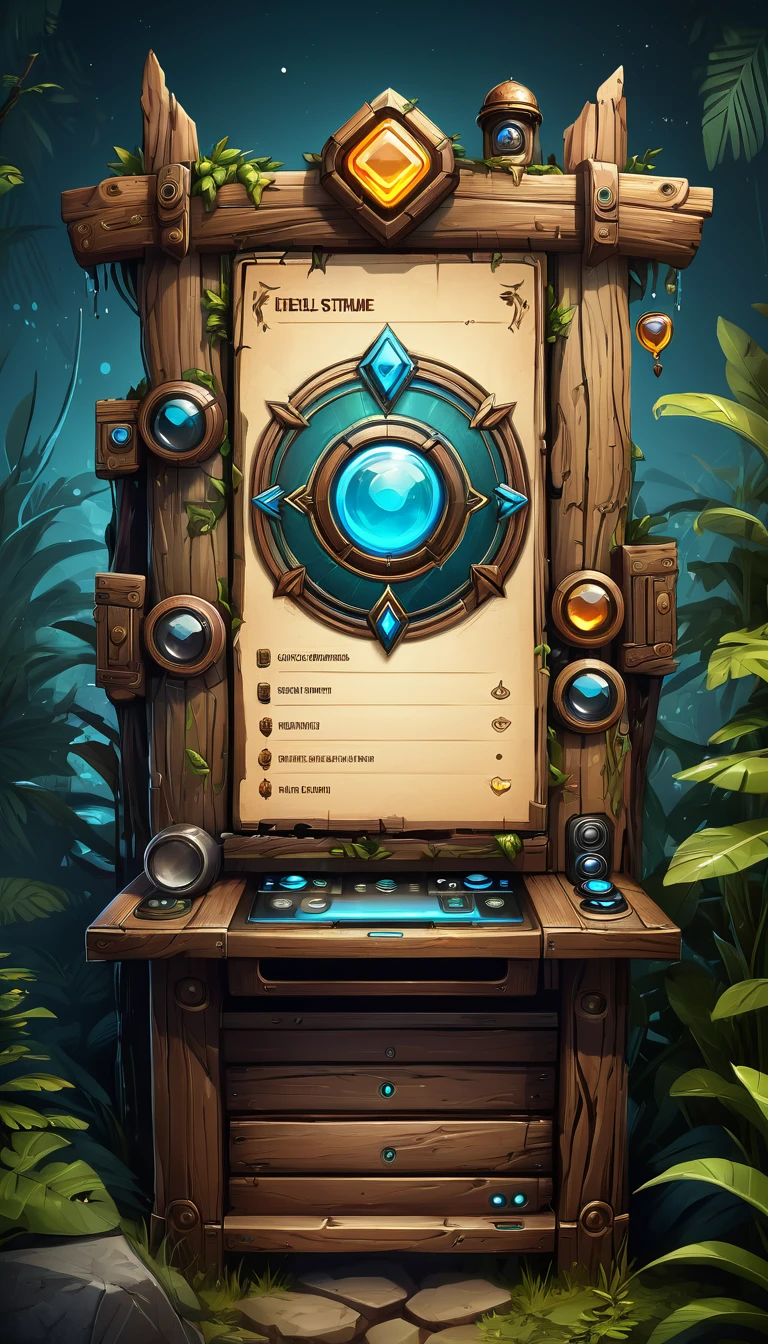 a digital illustration of a game Main Menu that level selection is in the Middle and UI buttons are on the Top and Bottom of UI,UI design,(wooden UI elements: 2),wooden Game MainMenu,game main menu,pinterest,stylized,GUI design,64k,artstation hq,user interface design,game GUI,game menu,ultra detailed,game art,2d game art,Darek Zabrocki,by Carne Griffiths and Wadim Kashin