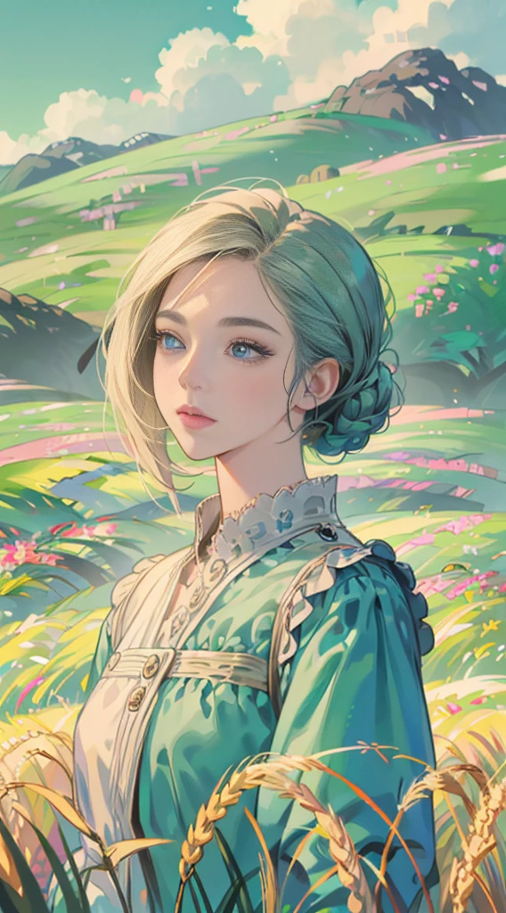 a girl in a wheat field, bright blue sky, looking up at the sky, anime style character, highly detailed, photorealistic, 8k, masterpiece, hyper HD, beautiful detailed eyes, beautiful detailed lips, extremely detailed face and features, long eyelashes, ethereal, serene, peaceful, natural lighting, vibrant colors, realistic textures, cinematic perspective, mystical, whimsical