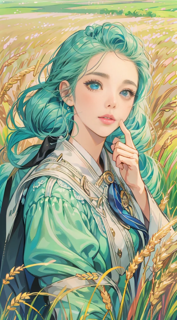 a girl in a wheat field, bright blue sky, looking up at the sky, anime style character, highly detailed, photorealistic, 8k, masterpiece, hyper HD, beautiful detailed eyes, beautiful detailed lips, extremely detailed face and features, long eyelashes, ethereal, serene, peaceful, natural lighting, vibrant colors, realistic textures, cinematic perspective, mystical, whimsical