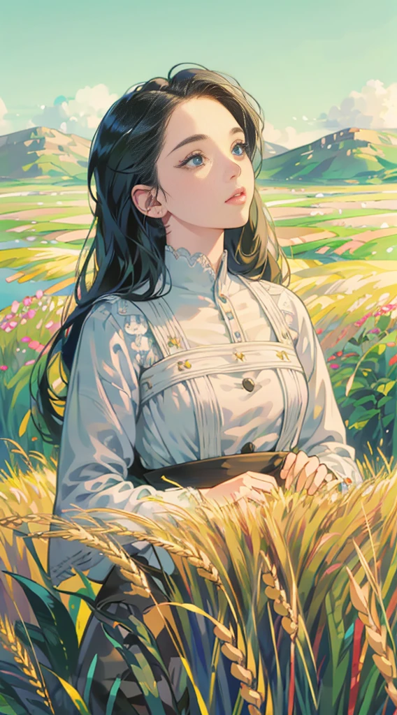 a girl in a wheat field, bright blue sky, looking up at the sky, anime style character, highly detailed, photorealistic, 8k, masterpiece, hyper HD, beautiful detailed eyes, beautiful detailed lips, extremely detailed face and features, long eyelashes, ethereal, serene, peaceful, natural lighting, vibrant colors, realistic textures, cinematic perspective, mystical, whimsical