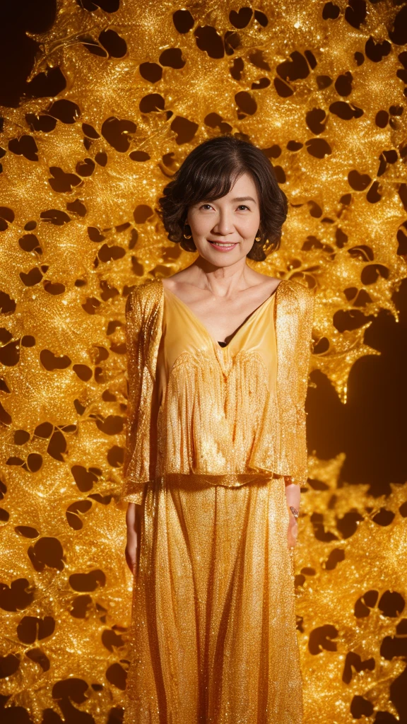 In front of the gold screen, Auntie, Attention, ((Fractal Art)), (((masterpiece))), 8K, Clear images, (((alone))), (((Older Japanese Mature))), (((Hands behind back)))), Natural Hair Color, Facing forward, Wear a flashy bra, gravure, look forward to, ((Mature woman with an old face)),
