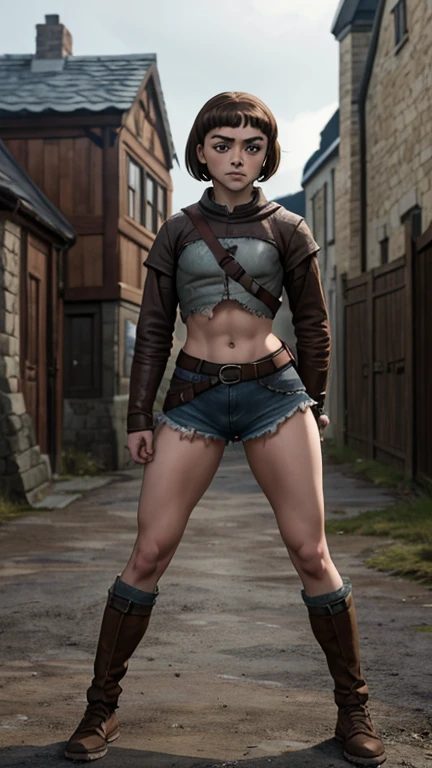 8k, Maisie Williams face, toned abs, small breast, round ass, her round ass visible, brown hair, Maisie Williams as Arya Stark, torn ragged clothes, standing stance, winterfell in background