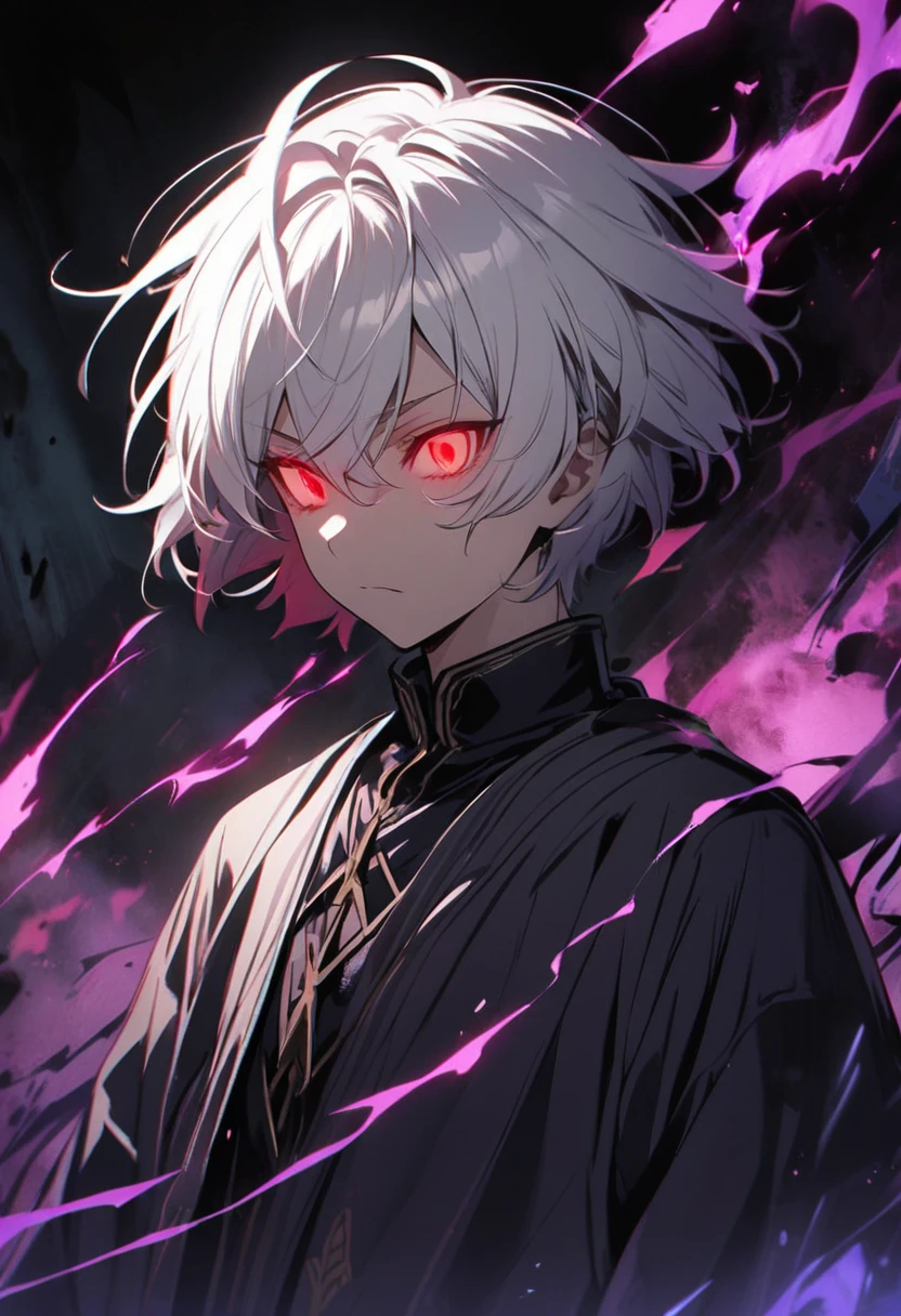 1 children, boy, red eyes, glowing eyes, white hair, dark aura, short hair