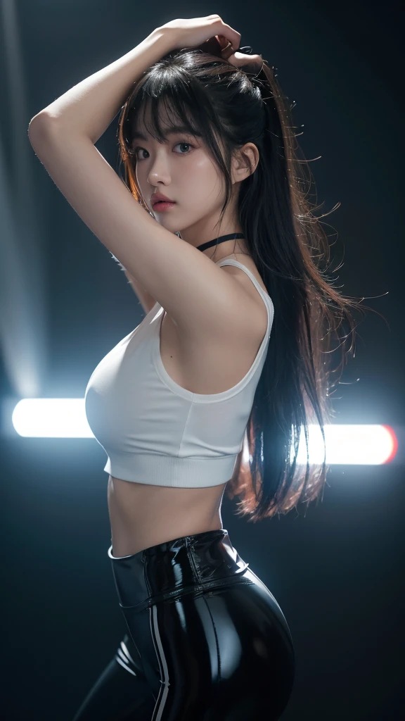 grey background blank, girl, ulzzang, fit body, long hair with bangs, black latex leggings with reflective effect, white tanktop shirt, bomber jacket, choker, standing pose, professional model, beautiful, big boob, high detailed face, amateur taken style photo, high detailed anatomy, high detailed texture images, flash light comes from the front, realistic, cinematic shot, dynamic lighting, 75mm, Technicolor, Panavision, cinemascope, sharp focus, fine details, 8k, HDR, realism, realistic, key visual, film still, cinematic color grading, depth of field