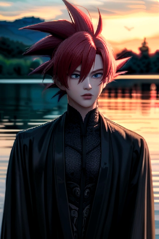 Goku black eyes black clothes in front of a beautiful lake that shines with the moonlight kissing his partner on the lips on the chest Rias Gremory blue eyes red hair 