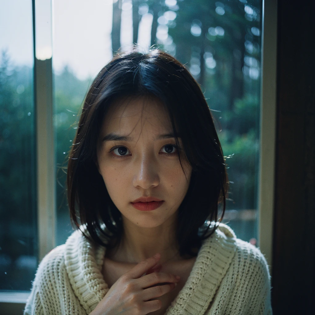macro portrait photo from a Readhad pretty women behind a foggy glass with droplets in cabin, wearing sweater blanket and wet short wavy hair, finger touches lips, forest reflection in glass surface, double exposure effect on glass, dark moody cinematic lighting with shadow on the face, motion blur effect, dramatic angle shot, realistic skin, film looks, shot by mamiya RZ67 with macro lens f1.2, cinematic Portrait by annie leibovitz, midjoerney v6 style